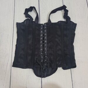 Fredericks of Hollywood Large Corset Top Womens Black Satin Lace Up Style 6991